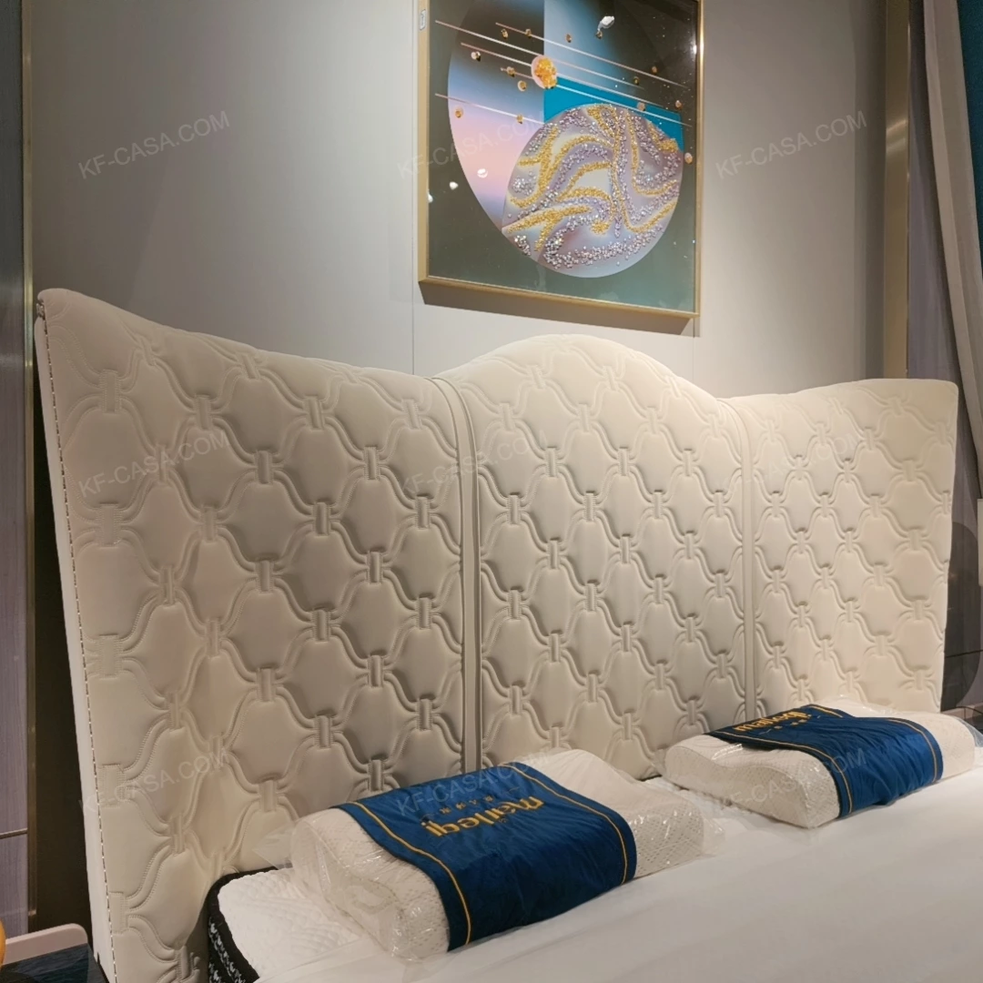 Cream Quilted Upholstered Bed with Patterned Stitching & Gold Stainless Steel Accents